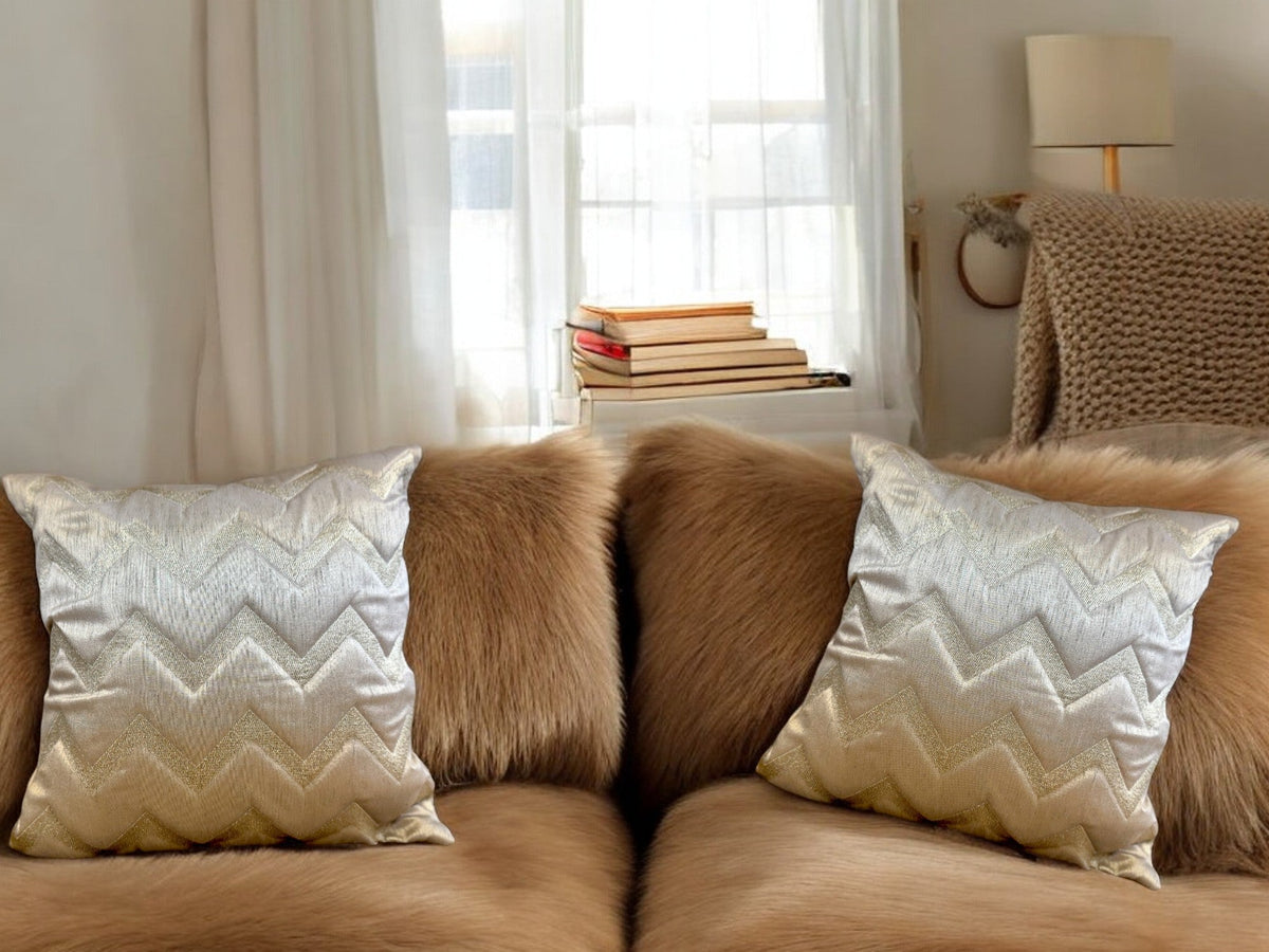 Silk Cushion or Pillow Cover with Golden Zigzag Embroidery, Set of 2 Cushion Cover La Vie Bien Silk Cushion or Pillow Cover with Golden Zigzag Embroidery, Set of 2