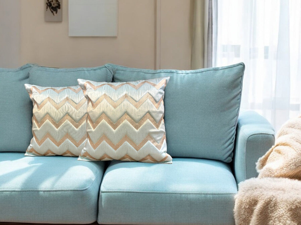 Silk Cushion or Pillow Cover with Golden Zigzag Embroidery, Set of 2 Cushion Cover La Vie Bien Silk Cushion or Pillow Cover with Golden Zigzag Embroidery, Set of 2