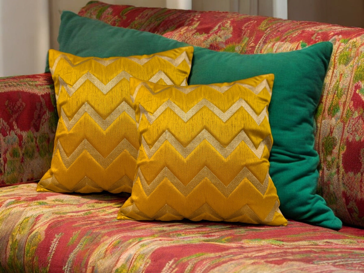 Silk Cushion or Pillow Cover with Golden Zigzag Embroidery, Set of 2 Cushion Cover La Vie Bien Silk Cushion or Pillow Cover with Golden Zigzag Embroidery, Set of 2