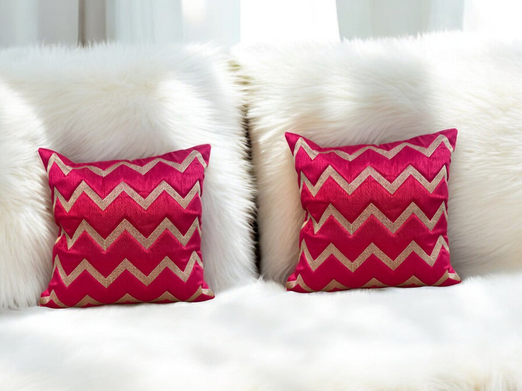 Silk Cushion or Pillow Cover with Golden Zigzag Embroidery, Set of 2 Cushion Cover La Vie Bien Silk Cushion or Pillow Cover with Golden Zigzag Embroidery, Set of 2