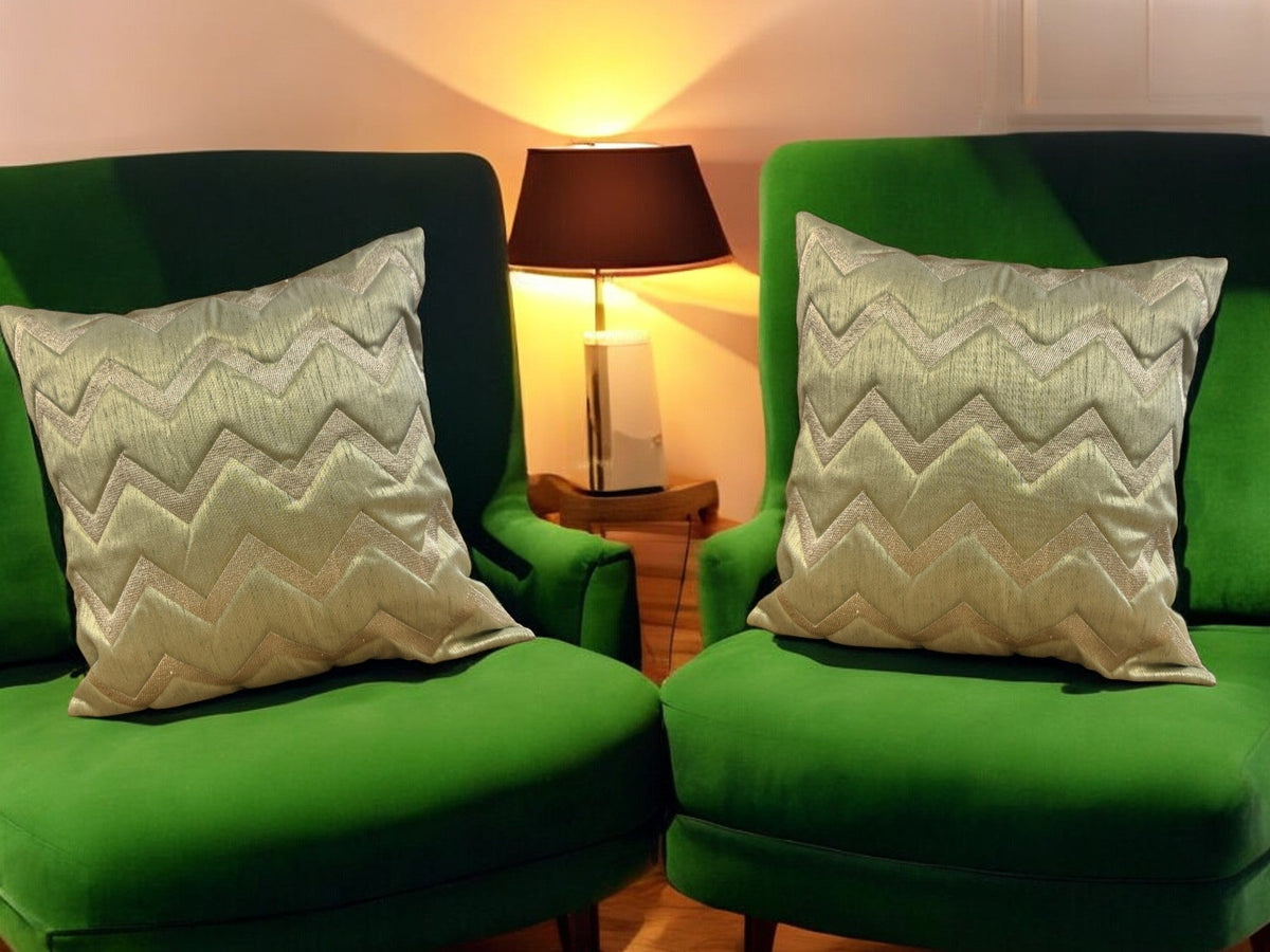 Silk Cushion or Pillow Cover with Golden Zigzag Embroidery, Set of 2 Cushion Cover La Vie Bien Silk Cushion or Pillow Cover with Golden Zigzag Embroidery, Set of 2