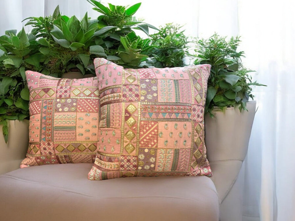 Silk Cushion or Pillow Cover with Heavy Traditional Indian Thread Work, Set of 2 Cushion Cover La Vie Bien Silk Cushion or Pillow Cover with Heavy Traditional Indian Thread Work, Set of 2