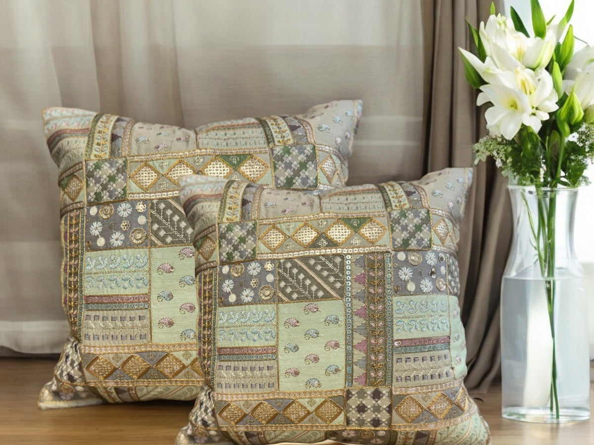 Silk Cushion or Pillow Cover with Heavy Traditional Indian Thread Work, Set of 2 Cushion Cover La Vie Bien Silk Cushion or Pillow Cover with Heavy Traditional Indian Thread Work, Set of 2
