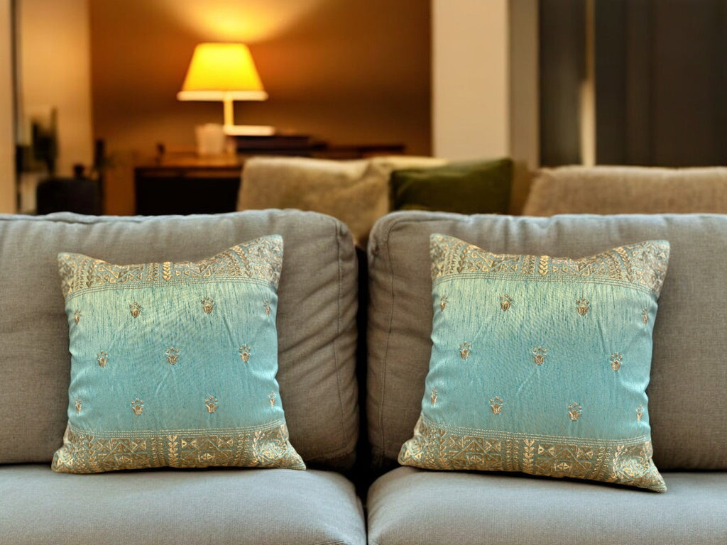 Silk Cushion or Pillow Cover with King Crown & Border Embroidery, Set of 2 Cushion Cover La Vie Bien Silk Cushion or Pillow Cover with King Crown & Border Embroidery, Set of 2