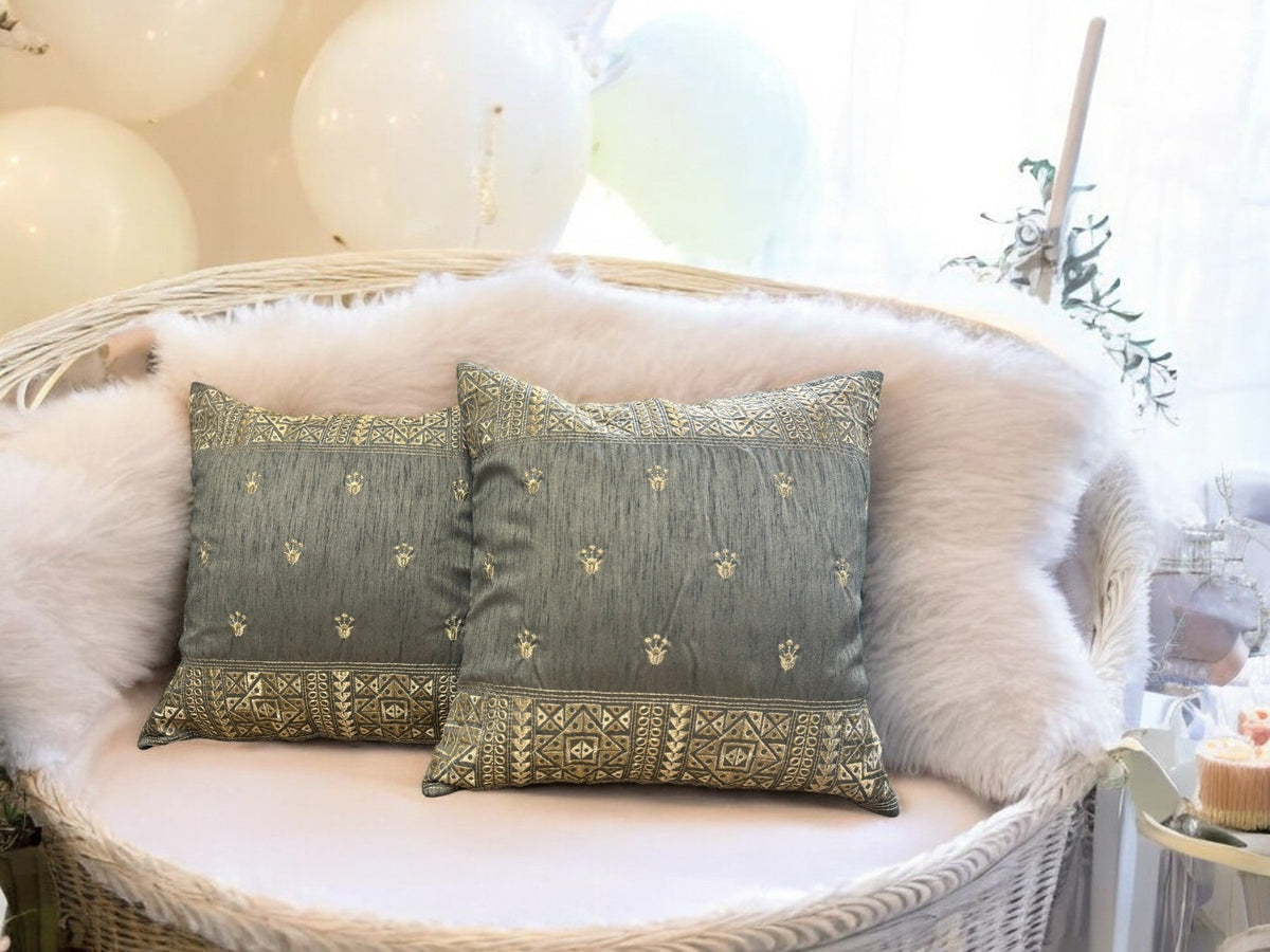 Silk Cushion or Pillow Cover with King Crown & Border Embroidery, Set of 2 Cushion Cover La Vie Bien Silk Cushion or Pillow Cover with King Crown & Border Embroidery, Set of 2