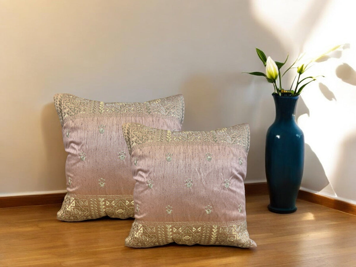 Silk Cushion or Pillow Cover with King Crown & Border Embroidery, Set of 2 Cushion Cover La Vie Bien Silk Cushion or Pillow Cover with King Crown & Border Embroidery, Set of 2