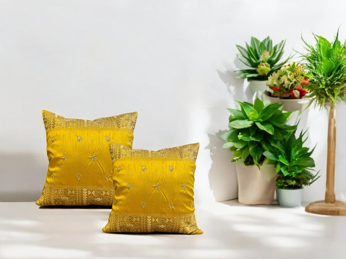 Silk Cushion or Pillow Cover with King Crown & Border Embroidery, Set of 2 Cushion Cover La Vie Bien Silk Cushion or Pillow Cover with King Crown & Border Embroidery, Set of 2