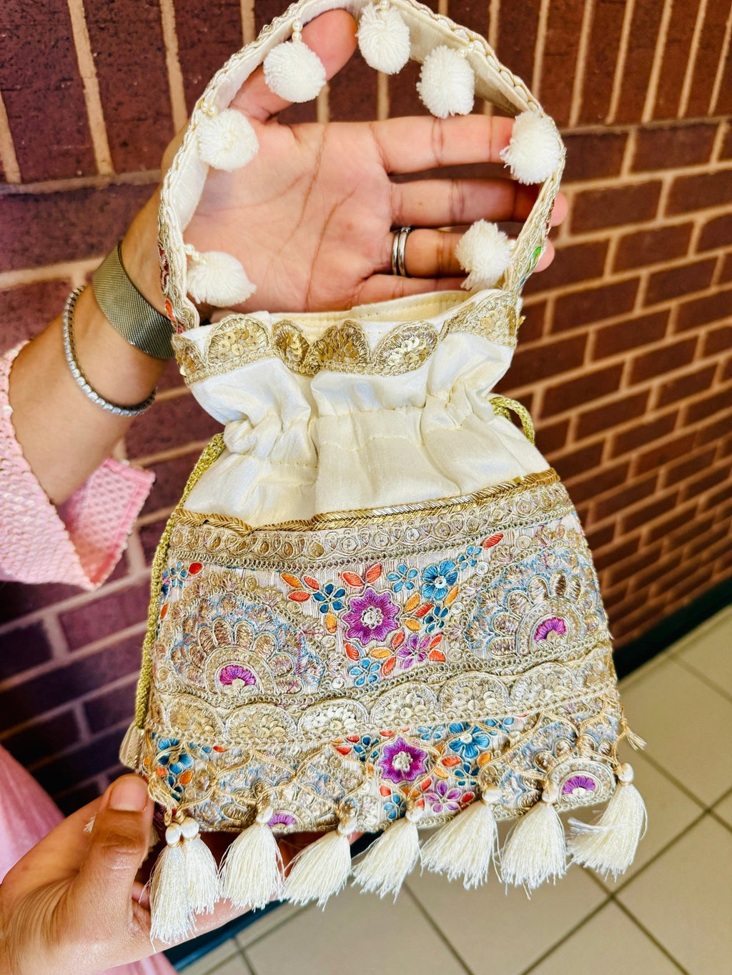 Silk Potli Bag with Hand Embroidery, Pom Pom & Tassels La Vie Bien Silk Potli Bag with Hand Embroidery, Pom Pom & Tassels