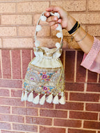 Silk Potli Bag with Hand Embroidery, Pom Pom & Tassels La Vie Bien Silk Potli Bag with Hand Embroidery, Pom Pom & Tassels