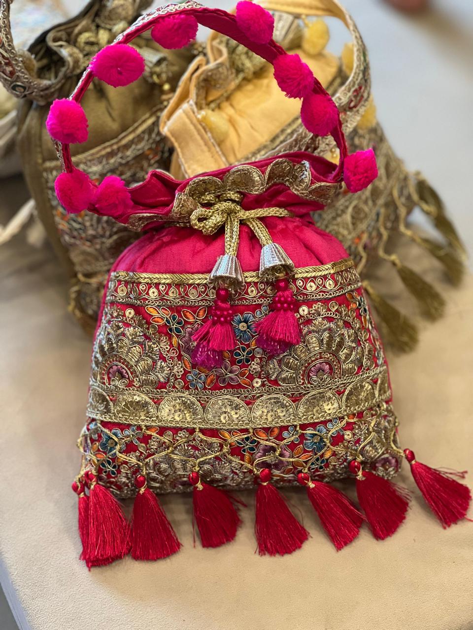 Silk Potli Bag with Hand Embroidery, Pom Pom & Tassels La Vie Bien Silk Potli Bag with Hand Embroidery, Pom Pom & Tassels