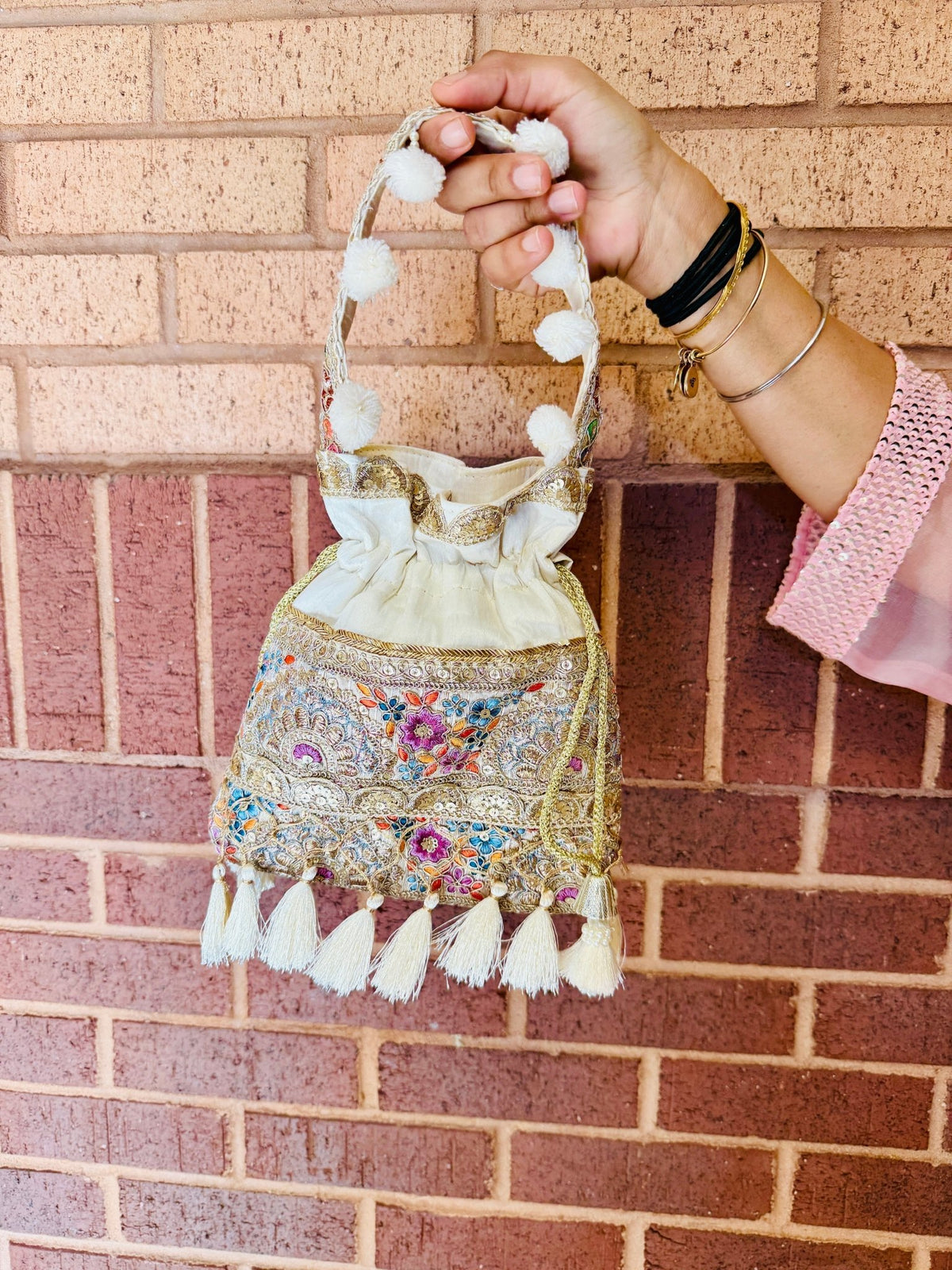 Silk Potli Bag with Hand Embroidery, Pom Pom & Tassels La Vie Bien Silk Potli Bag with Hand Embroidery, Pom Pom & Tassels