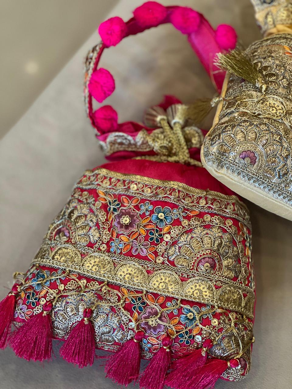 Silk Potli Bag with Hand Embroidery, Pom Pom & Tassels La Vie Bien Silk Potli Bag with Hand Embroidery, Pom Pom & Tassels