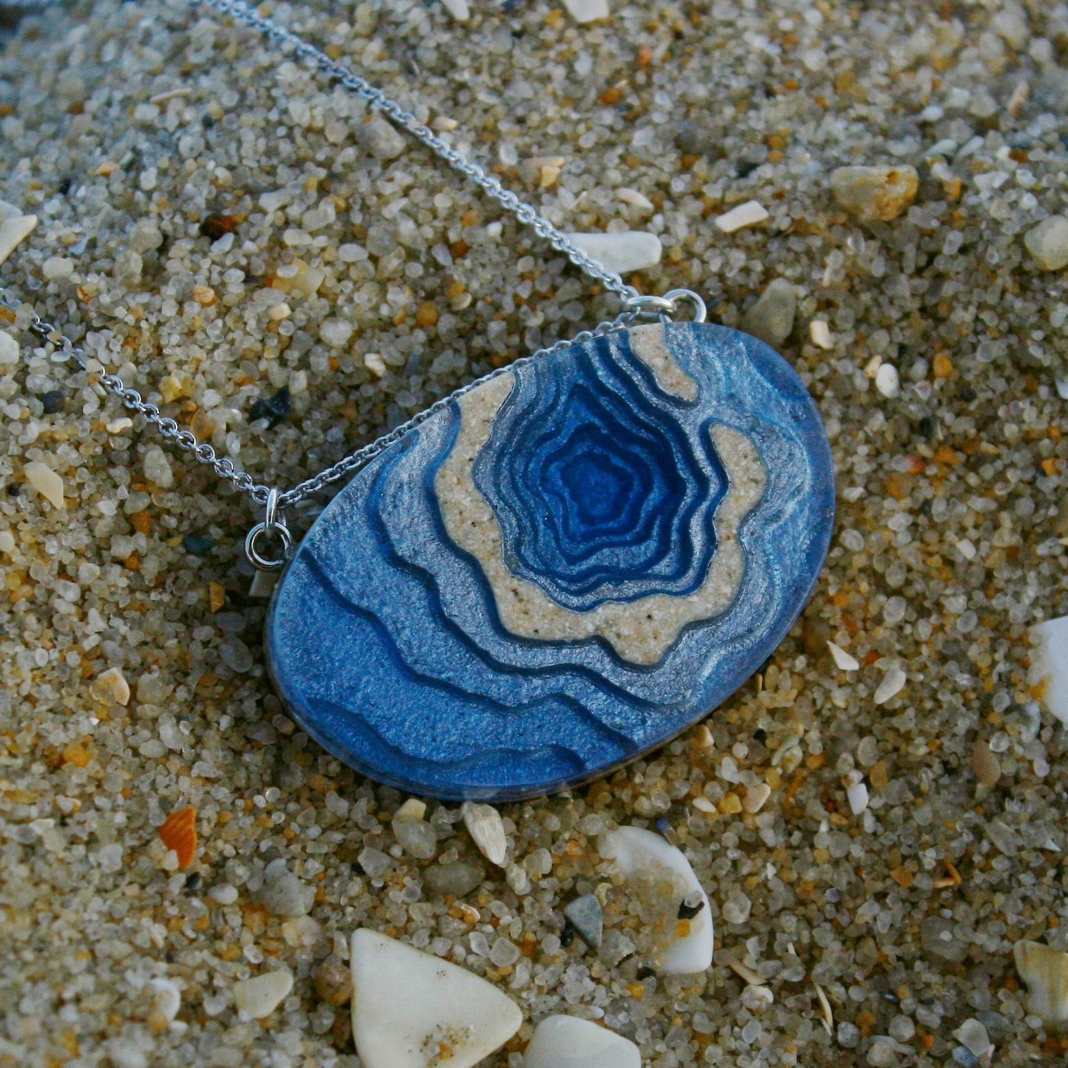 Silver Atoll Pendant Necklace – Aqua & Ultramarine Resin with Sand Design Jewelry La Vie Bien Silver Atoll Pendant Necklace – Aqua & Ultramarine Resin with Sand Design