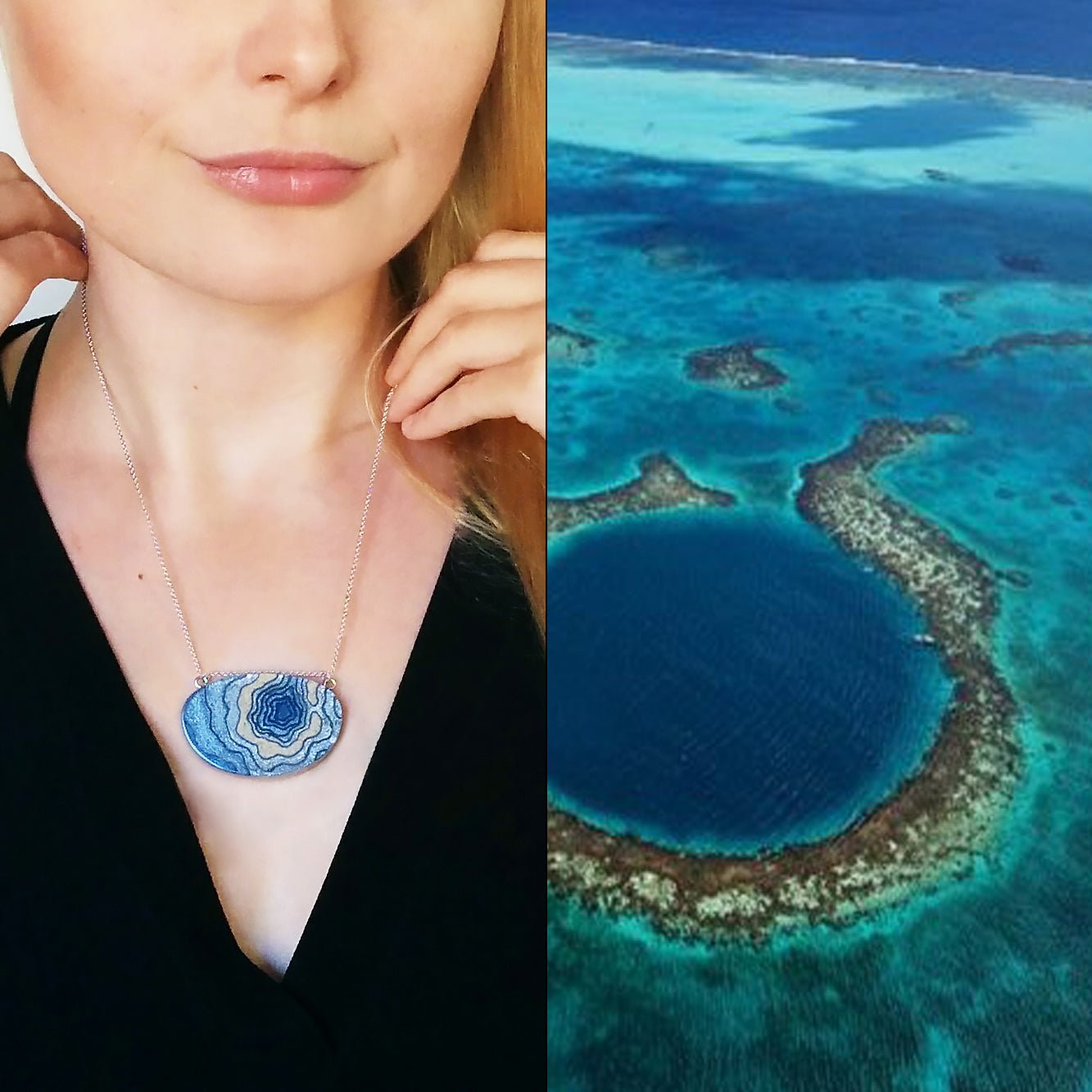Silver Atoll Pendant Necklace – Aqua & Ultramarine Resin with Sand Design Jewelry La Vie Bien Silver Atoll Pendant Necklace – Aqua & Ultramarine Resin with Sand Design