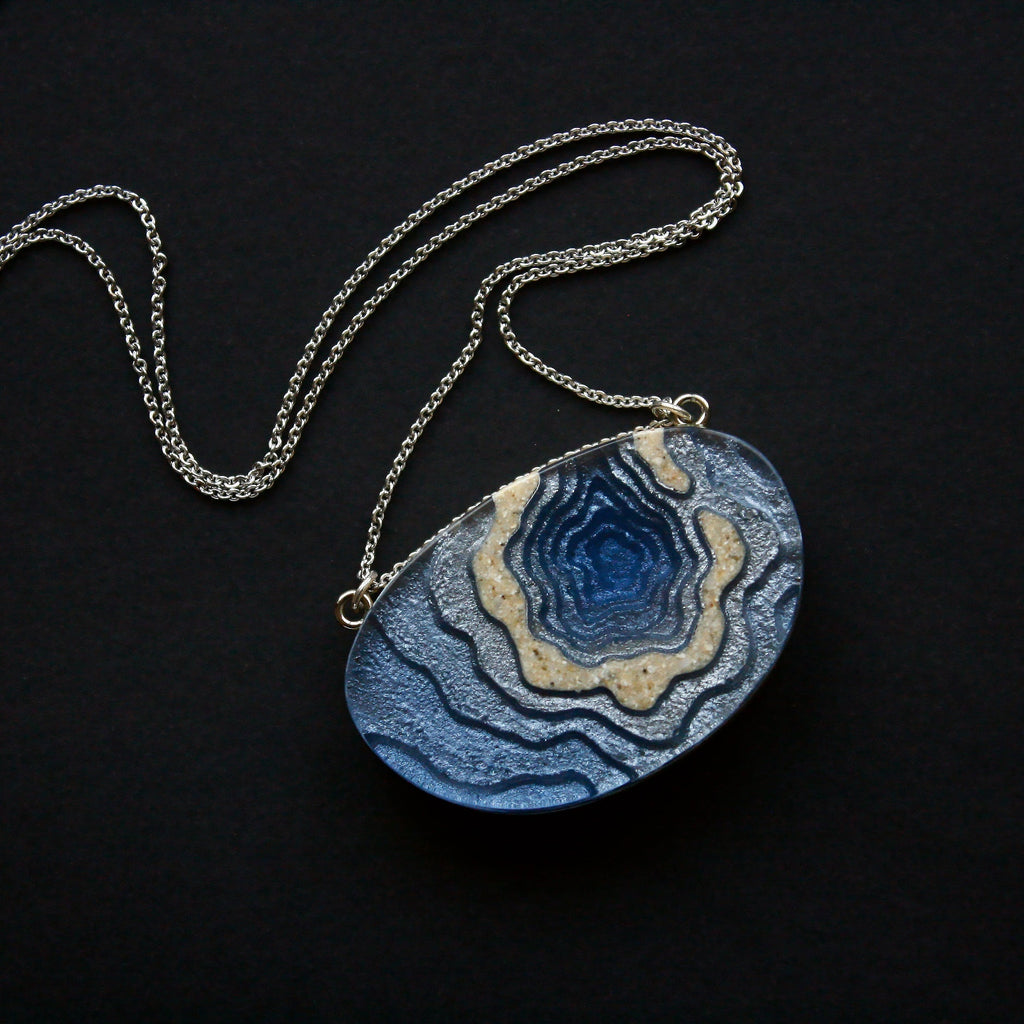 Silver Atoll Pendant Necklace – Aqua & Ultramarine Resin with Sand Design Jewelry La Vie Bien Silver Atoll Pendant Necklace – Aqua & Ultramarine Resin with Sand Design