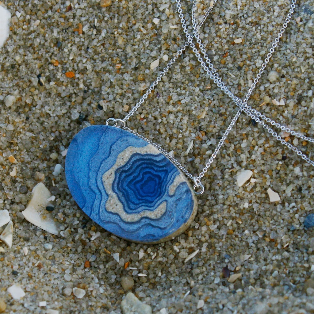 Silver Atoll Pendant Necklace – Aqua & Ultramarine Resin with Sand Design Jewelry La Vie Bien Silver Atoll Pendant Necklace – Aqua & Ultramarine Resin with Sand Design