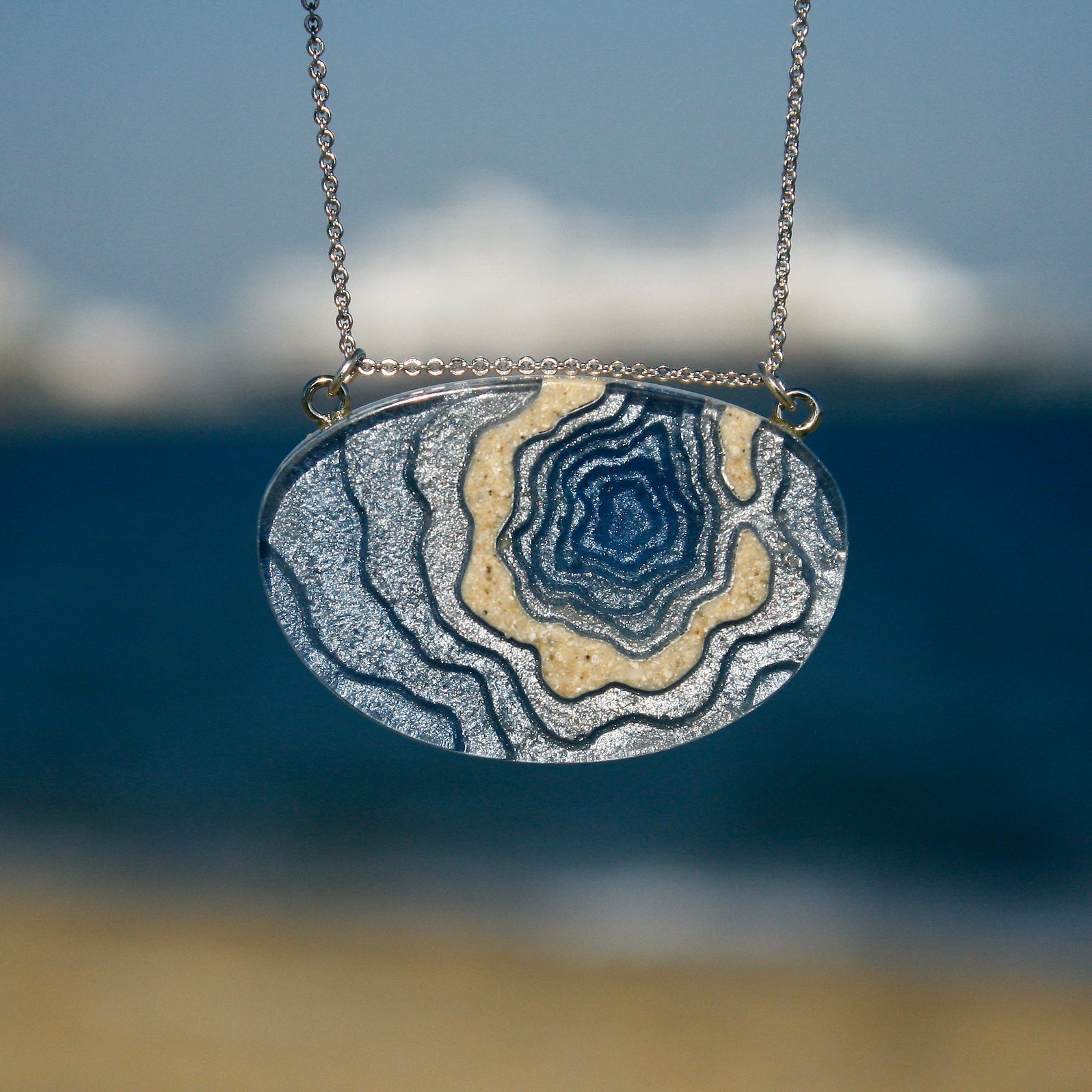 Silver Atoll Pendant Necklace – Aqua & Ultramarine Resin with Sand Design Jewelry La Vie Bien Silver Atoll Pendant Necklace – Aqua & Ultramarine Resin with Sand Design