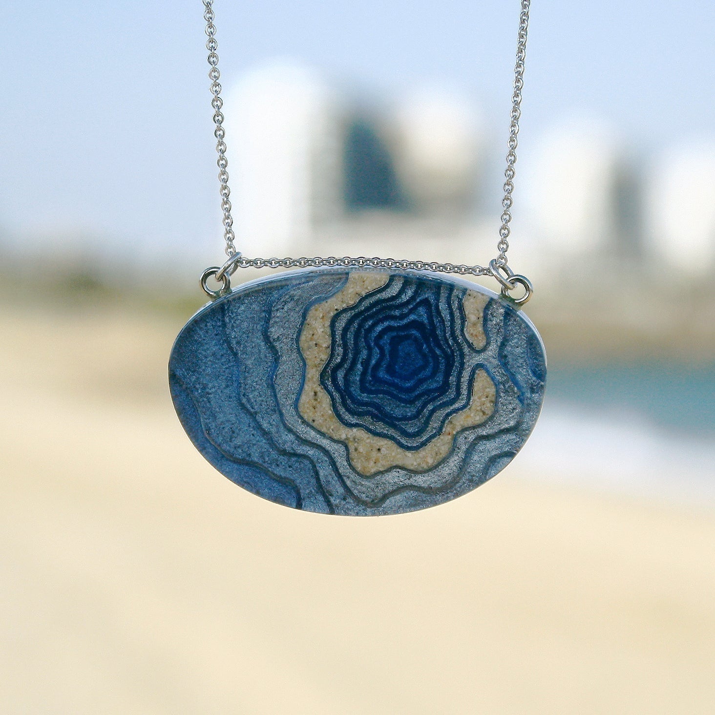 Silver Atoll Pendant Necklace – Aqua & Ultramarine Resin with Sand Design Jewelry La Vie Bien Silver Atoll Pendant Necklace – Aqua & Ultramarine Resin with Sand Design