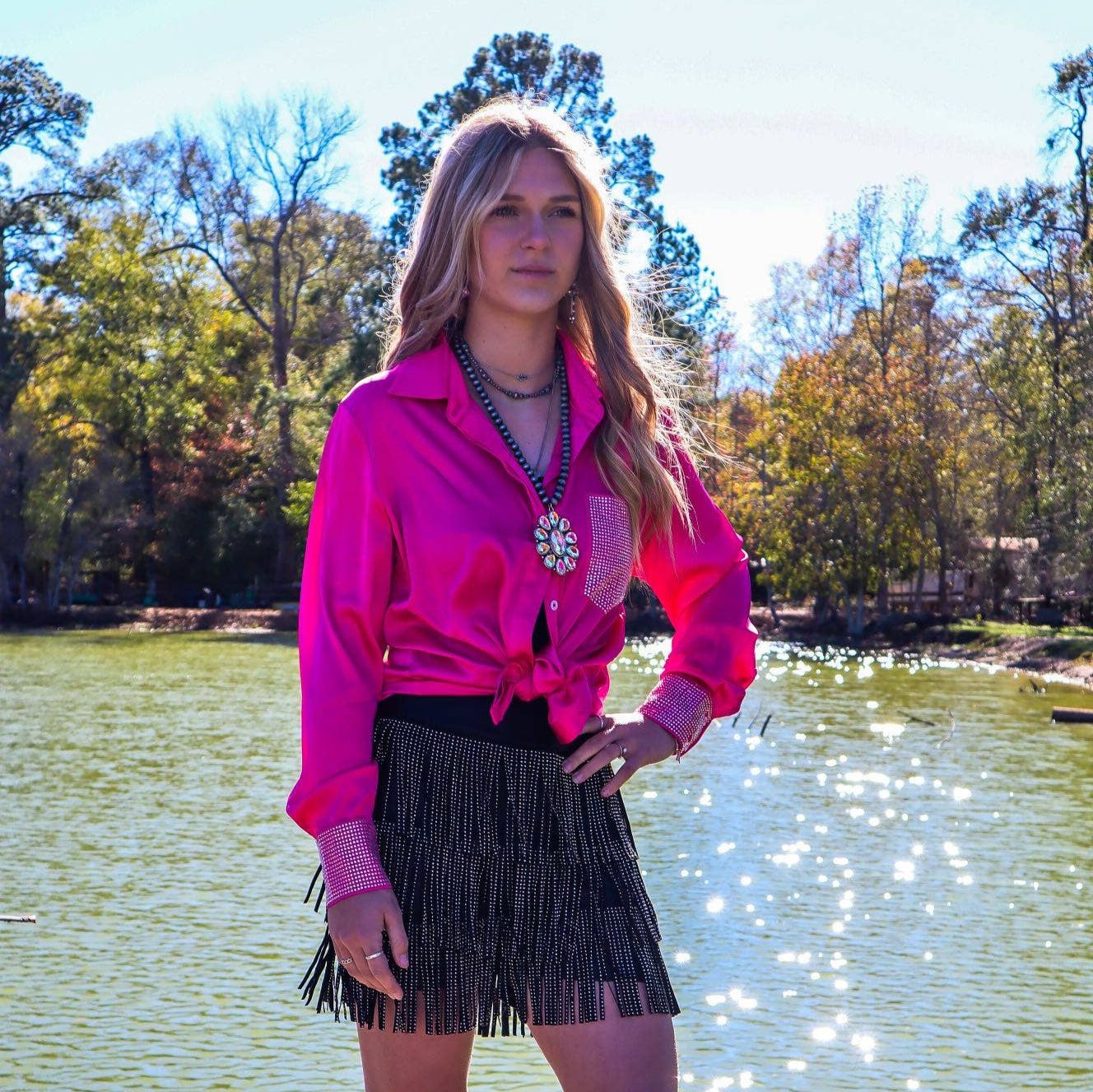 [Size 1X - 3X] Dolly Duo Satin Button Up Blouse w/ Rhinestones | Western Cowgirl Plus Size Shirt