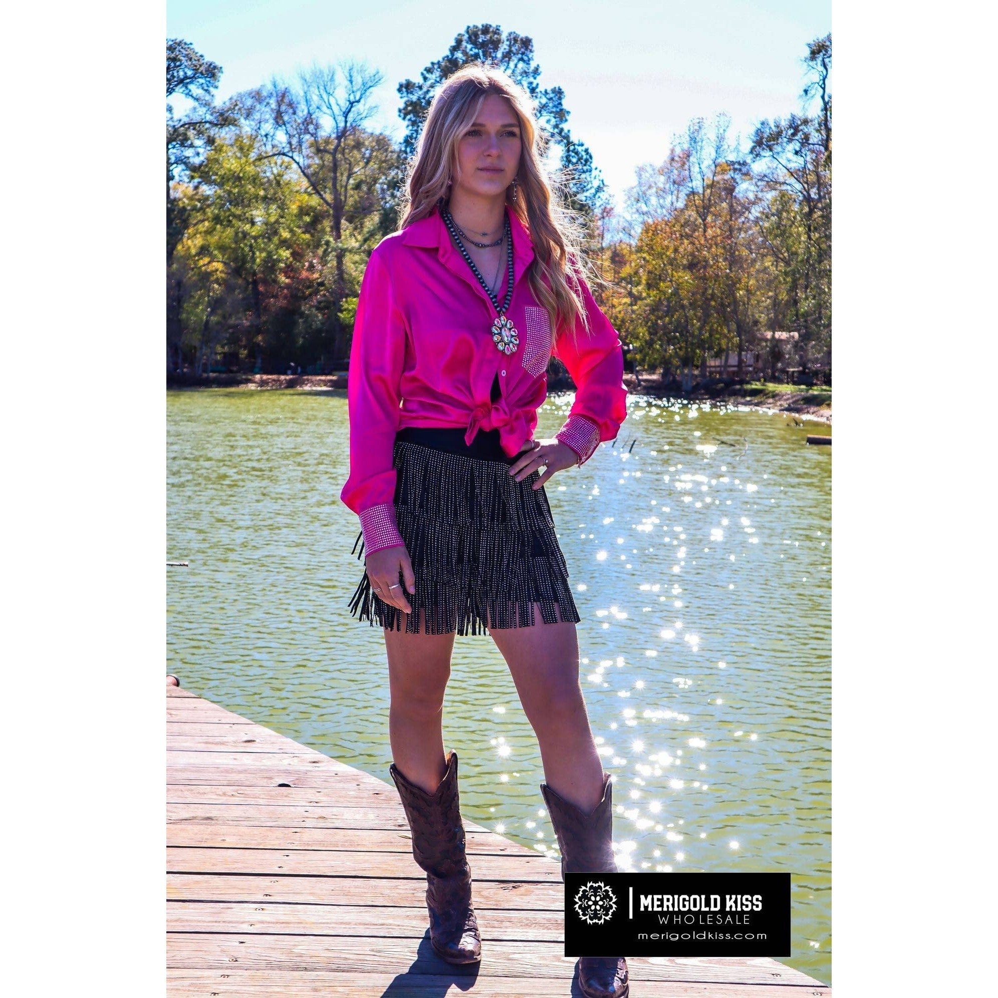 [Size 1X - 3X] Dolly Duo Satin Button Up Blouse w/ Rhinestones | Western Cowgirl Plus Size Shirt