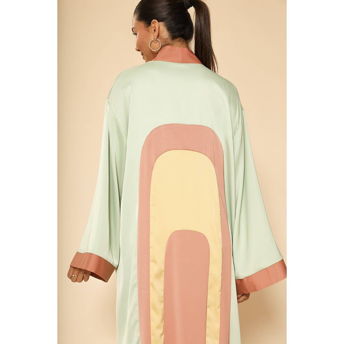[Size L Remaining] Miss Sparkling Retro Arch Kimono Big Long Textured Satin Duster | Light Jacket, Outdoor Robe, Swimsuit Coverup | Sizes SM - XL