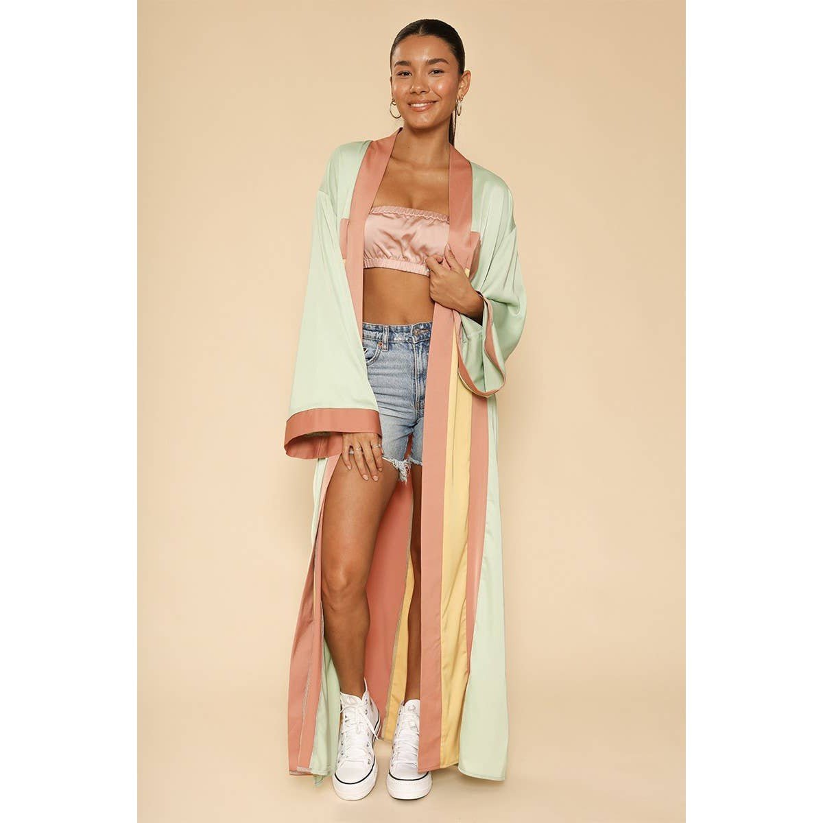 [Size L Remaining] Miss Sparkling Retro Arch Kimono Big Long Textured Satin Duster | Light Jacket, Outdoor Robe, Swimsuit Coverup | Sizes SM - XL