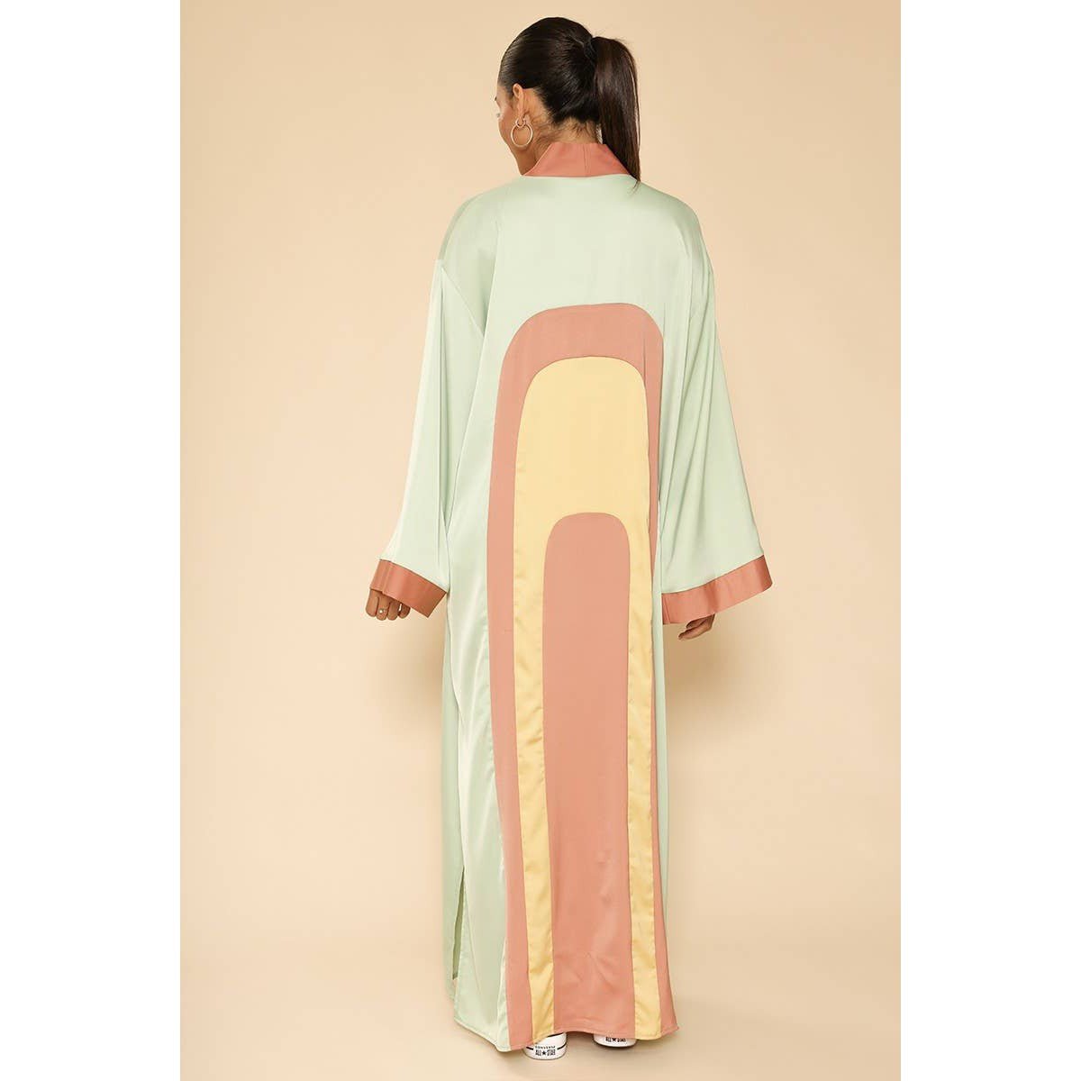 [Size L Remaining] Miss Sparkling Retro Arch Kimono Big Long Textured Satin Duster | Light Jacket, Outdoor Robe, Swimsuit Coverup | Sizes SM - XL