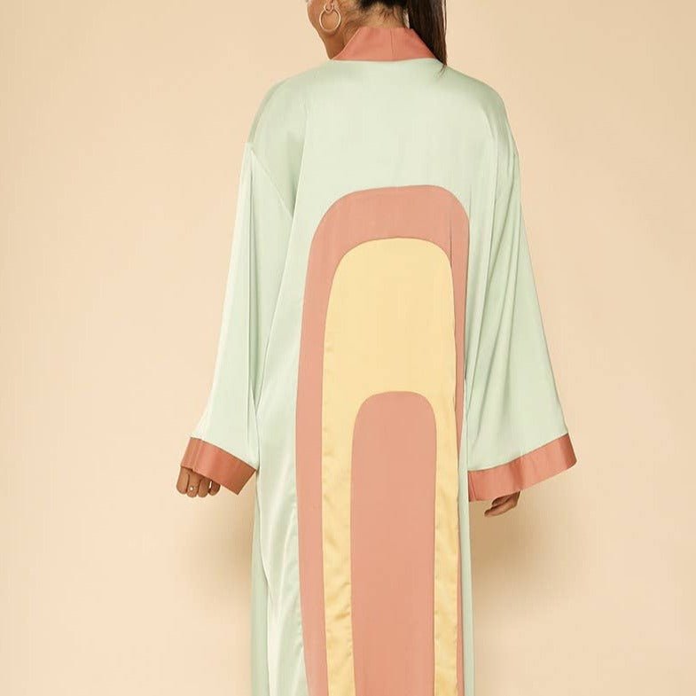 [Size L Remaining] Miss Sparkling Retro Arch Kimono Big Long Textured Satin Duster | Light Jacket, Outdoor Robe, Swimsuit Coverup | Sizes SM - XL