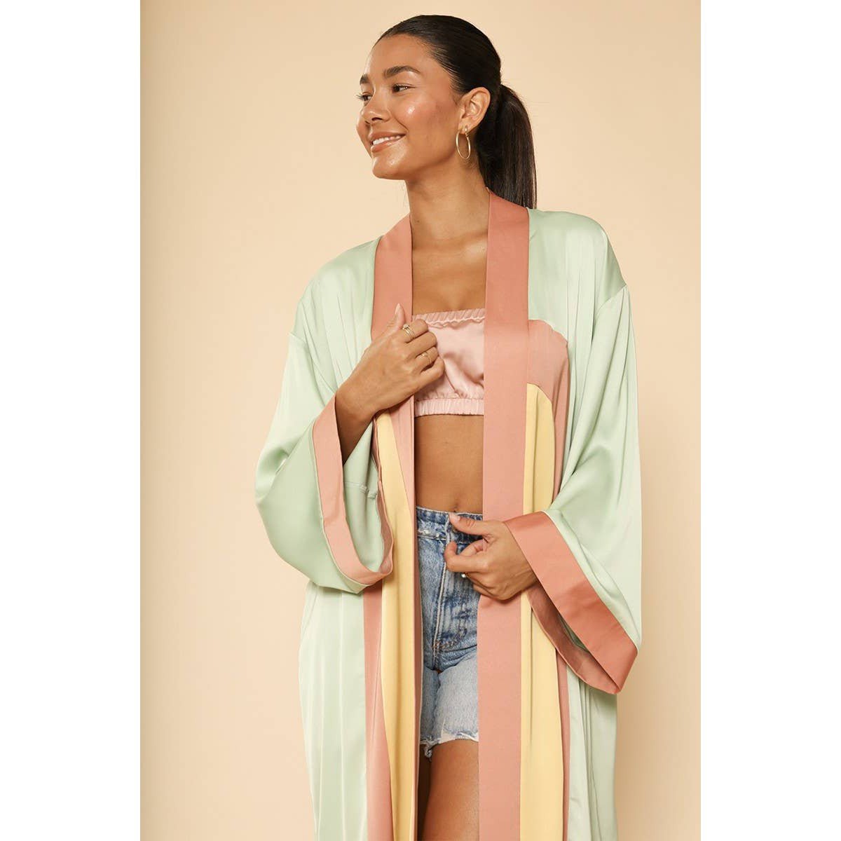 [Size L Remaining] Miss Sparkling Retro Arch Kimono Big Long Textured Satin Duster | Light Jacket, Outdoor Robe, Swimsuit Coverup | Sizes SM - XL