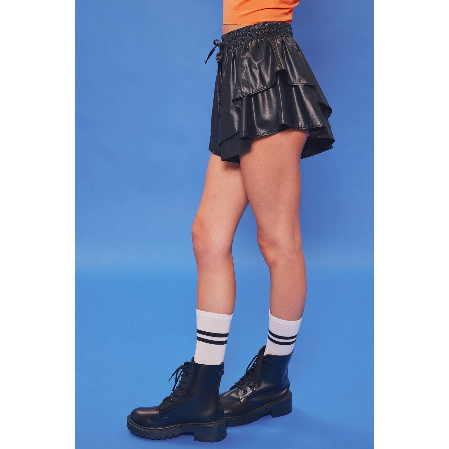 [Size S - L] Drawstring Waisted Tiered Ruffle Faux Leather Shorts Skort in Black