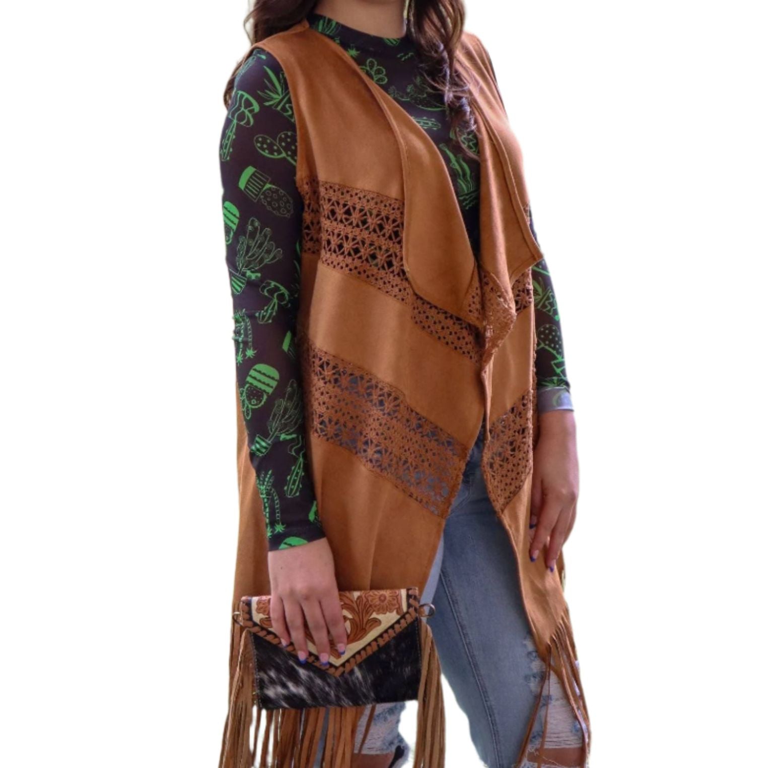 [Size S/M Remaining] Cowgirl Vegan Suede Crochet Duster in Brown | Open - front Coat Outerwear