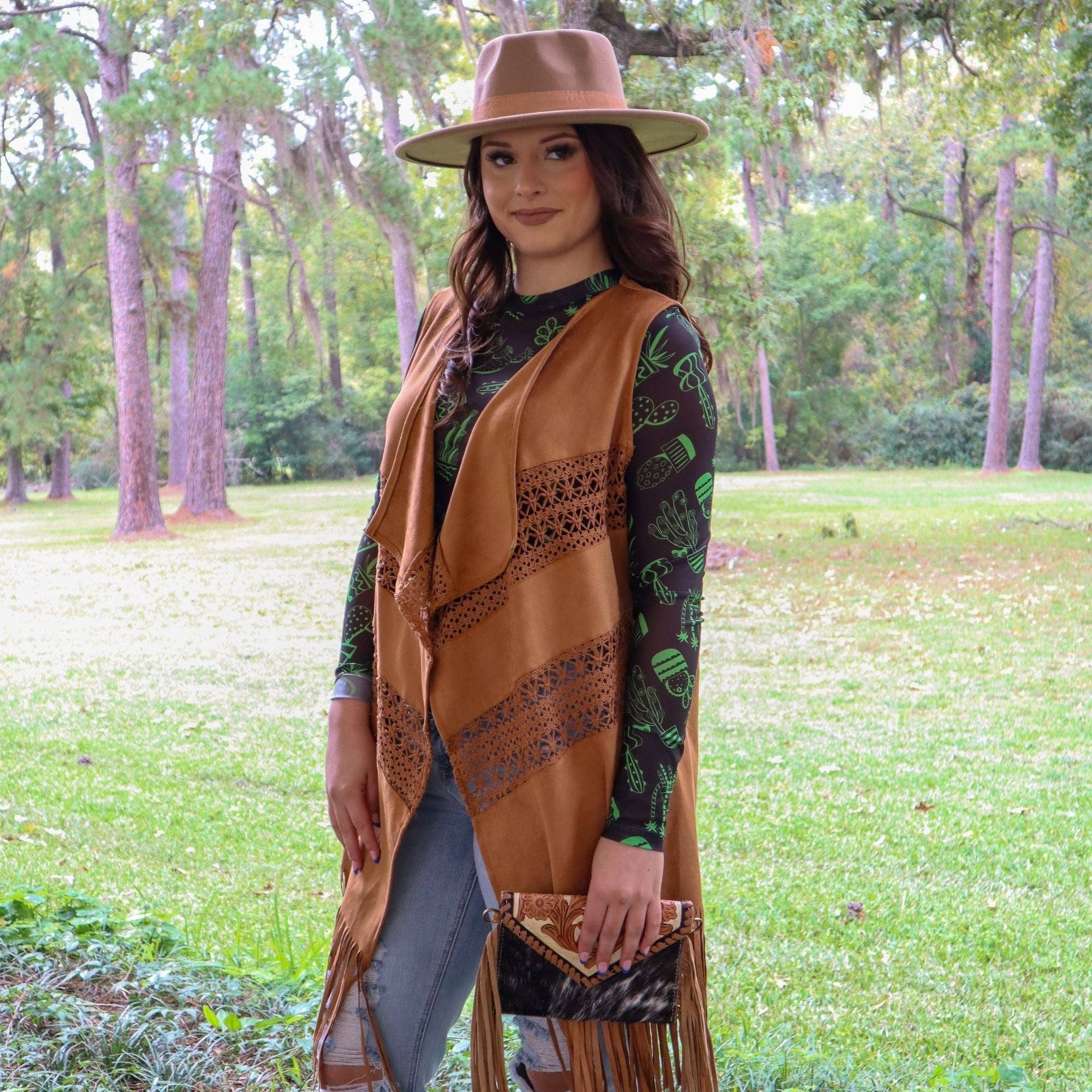[Size S/M Remaining] Cowgirl Vegan Suede Crochet Duster in Brown | Open - front Coat Outerwear