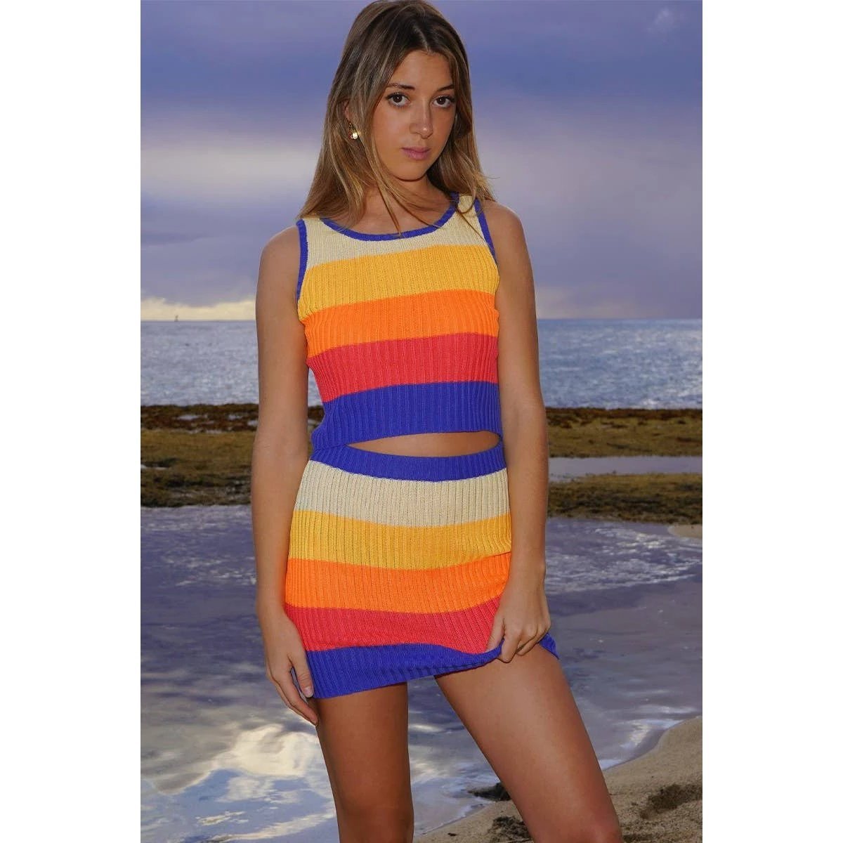 [Size XL Only] Rib Knit Set Skirt and Top | Orange and Blue Stripes by The Bullish Store