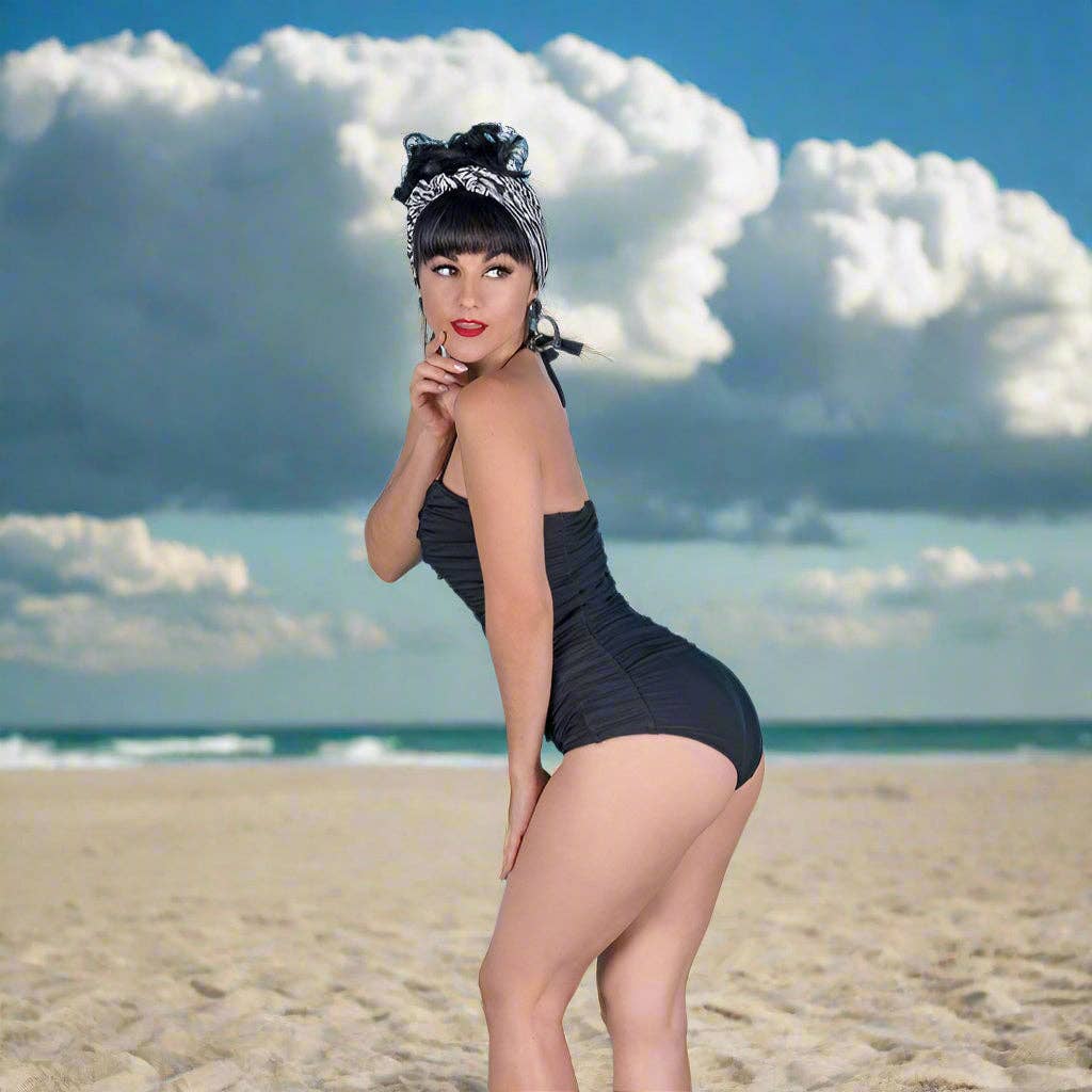 [Size XS Remaining] Pinup 1950s Rosie Retro One - Piece Swimsuit in Floral Prints, Black or Wine | 50s Inspired Swimsuit