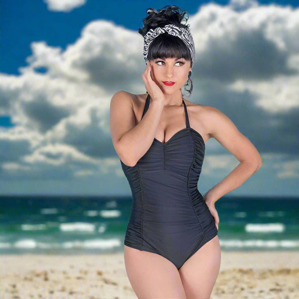 [Size XS Remaining] Pinup 1950s Rosie Retro One - Piece Swimsuit in Floral Prints, Black or Wine | 50s Inspired Swimsuit