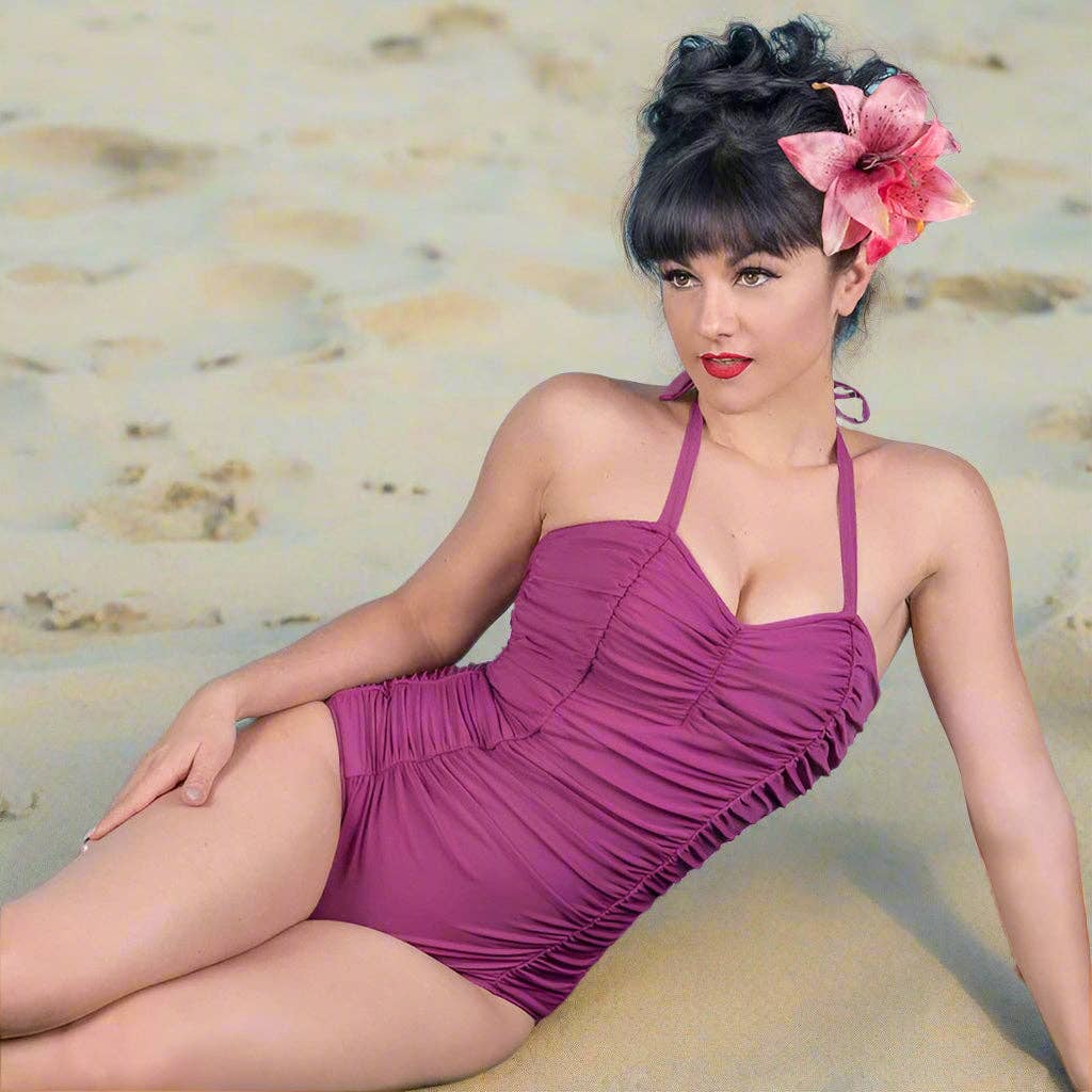 [Size XS Remaining] Pinup 1950s Rosie Retro One - Piece Swimsuit in Floral Prints, Black or Wine | 50s Inspired Swimsuit