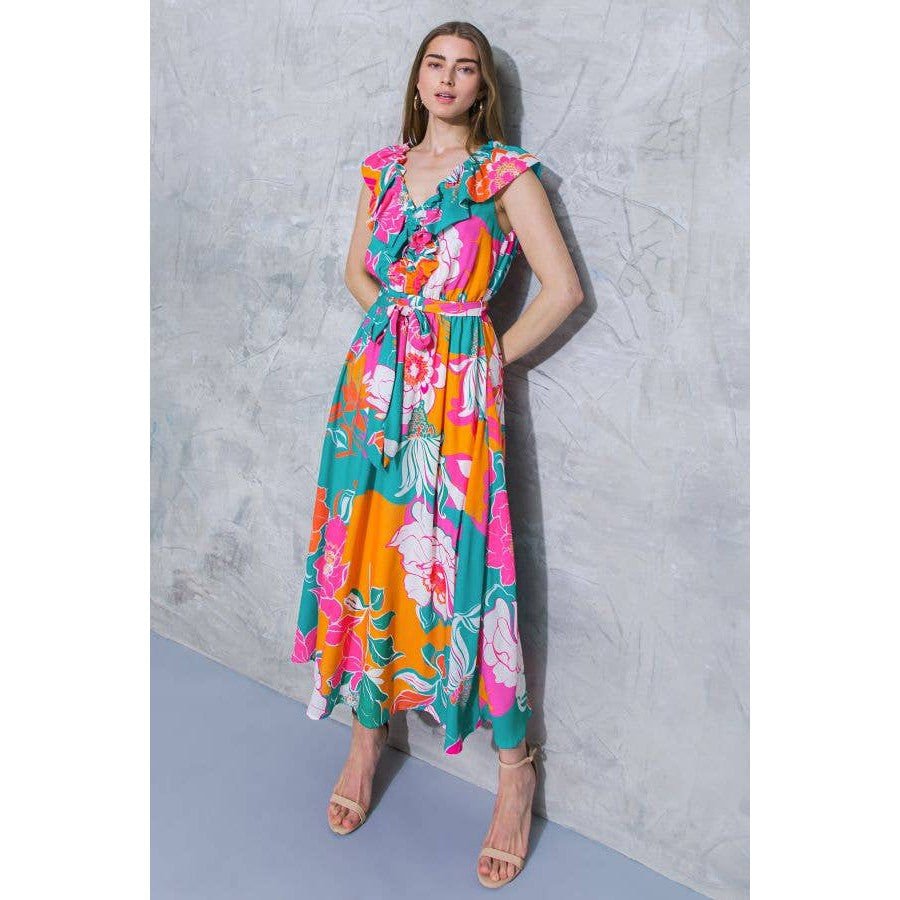 [Sizes SM - L] Floral Printed Woven Midi Dress in Teal Orange | Ruffled V Neckline Mid Calf