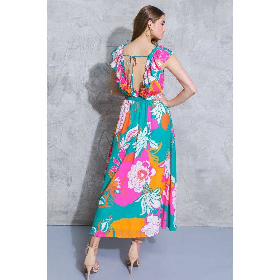 [Sizes SM - L] Floral Printed Woven Midi Dress in Teal Orange | Ruffled V Neckline Mid Calf