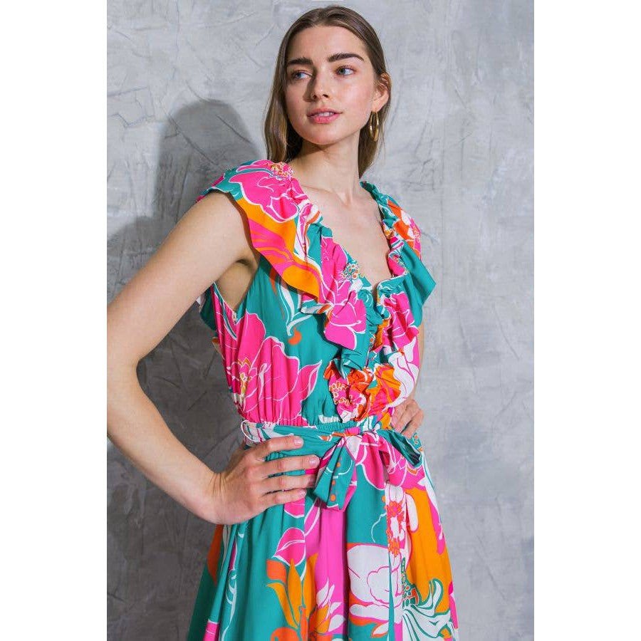 [Sizes SM - L] Floral Printed Woven Midi Dress in Teal Orange | Ruffled V Neckline Mid Calf