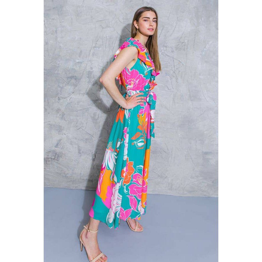 [Sizes SM - L] Floral Printed Woven Midi Dress in Teal Orange | Ruffled V Neckline Mid Calf