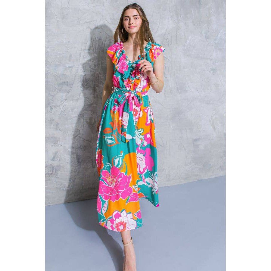 [Sizes SM - L] Floral Printed Woven Midi Dress in Teal Orange | Ruffled V Neckline Mid Calf