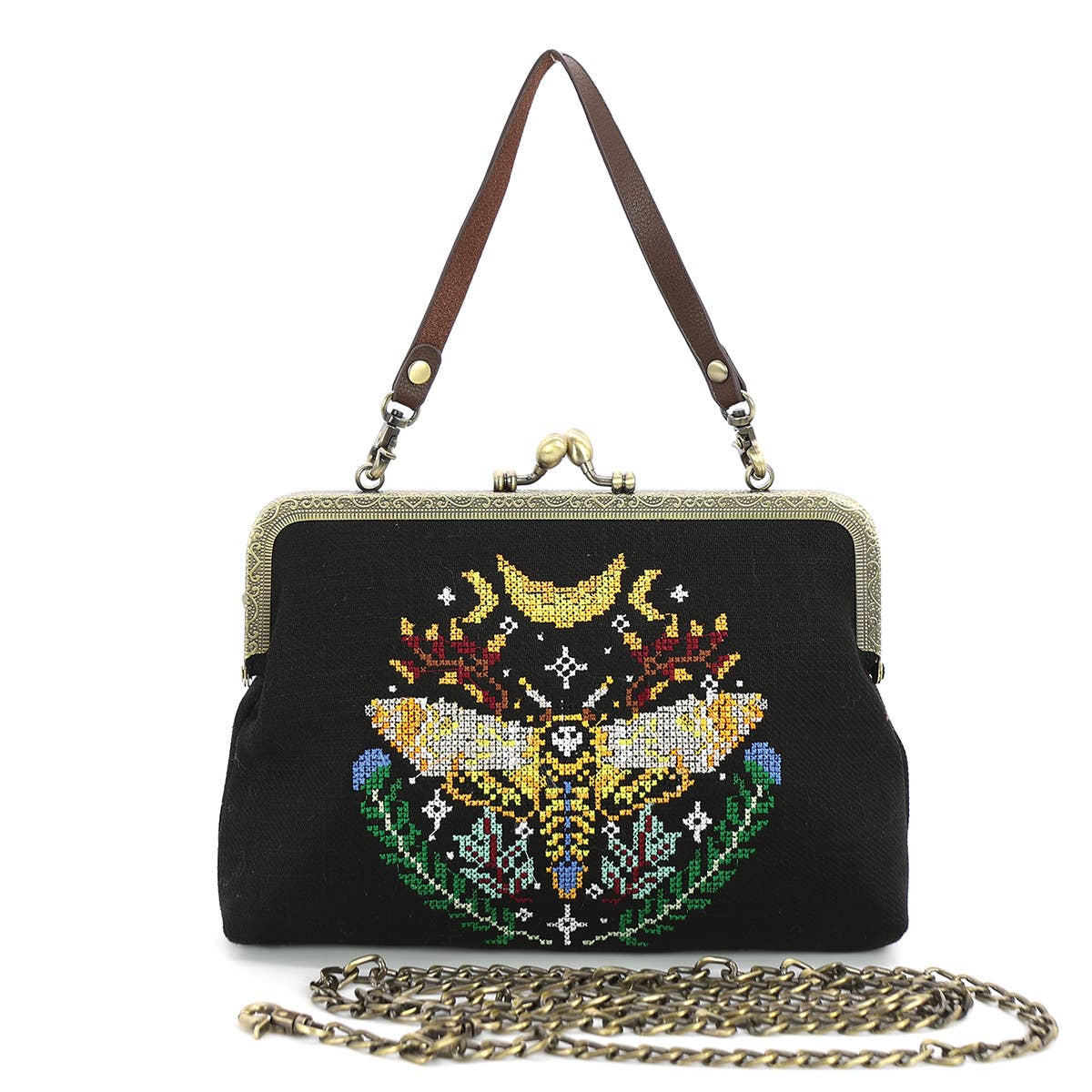 Skull Head Moth Vintage Kisslock Handbag in Linen Blend Handbags La Vie Bien Skull Head Moth Vintage Kisslock Handbag in Linen Blend
