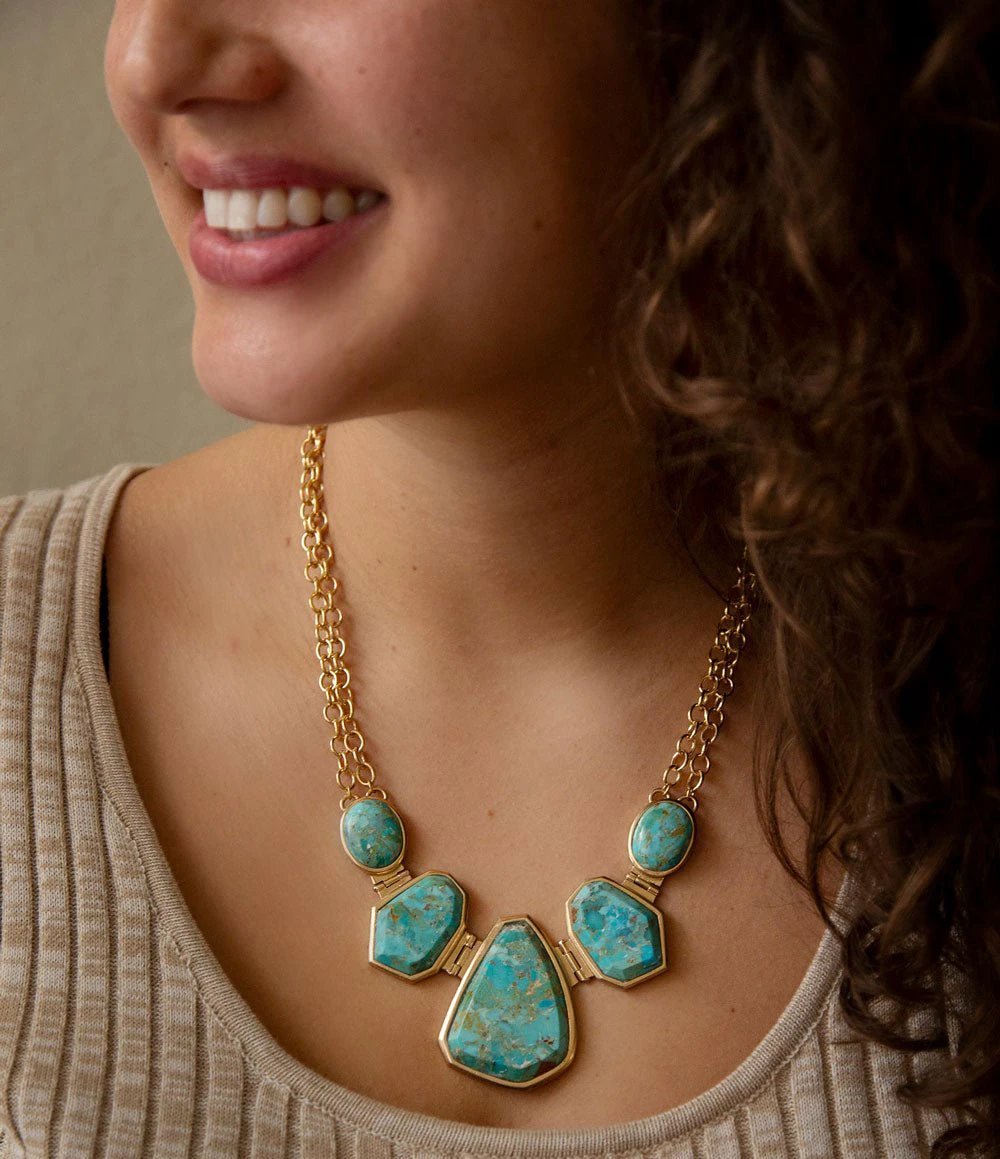 Slabs of Blue Turquoise Golden Statement Necklace by Barse Jewelry