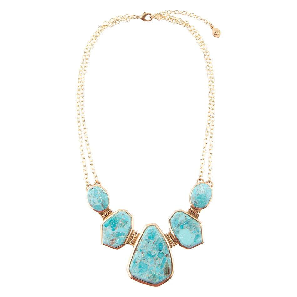 Slabs of Blue Turquoise Golden Statement Necklace by Barse Jewelry