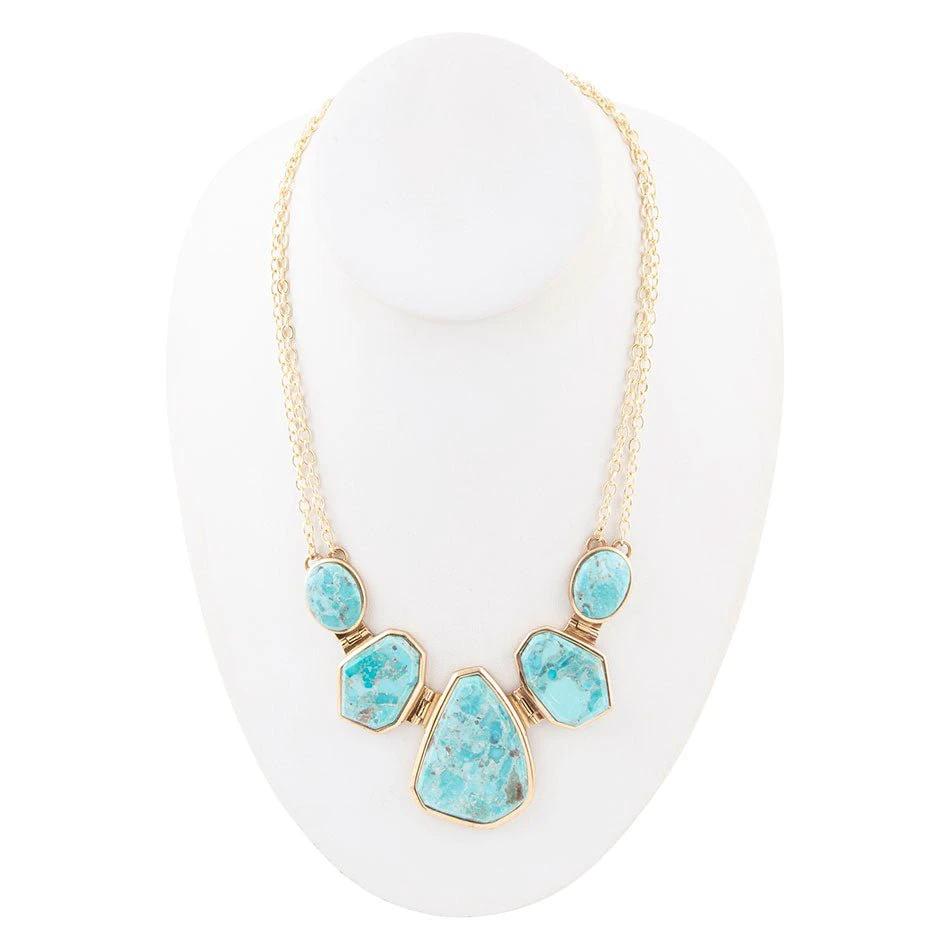 Slabs of Blue Turquoise Golden Statement Necklace by Barse Jewelry