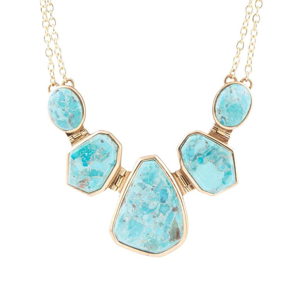 Slabs of Blue Turquoise Golden Statement Necklace by Barse Jewelry