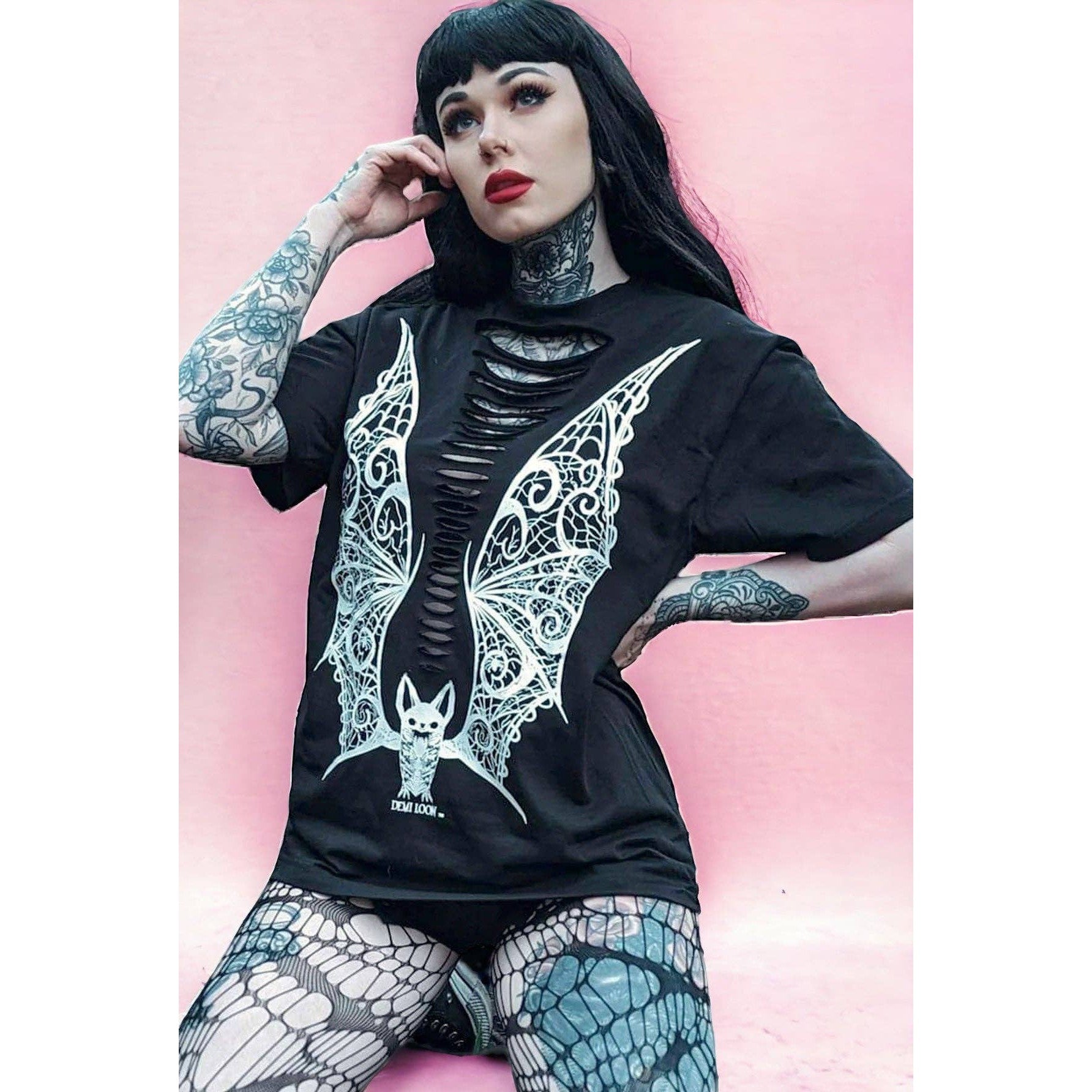Slashed Vampire Lace Wings Boyfriend Fit Tee in Black [Size M - 3X]
