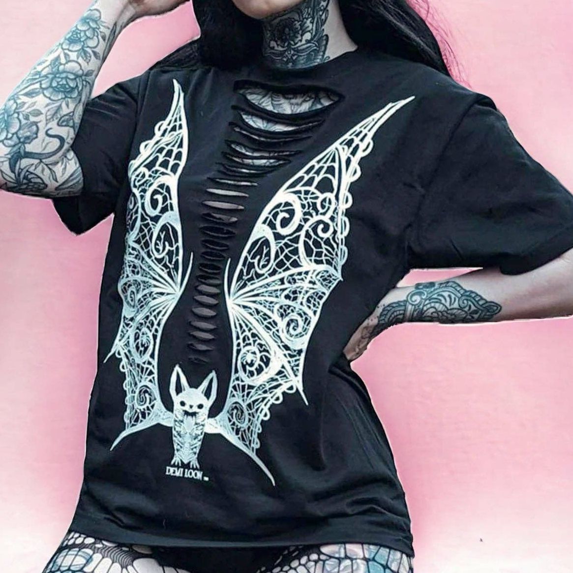 Slashed Vampire Lace Wings Boyfriend Fit Tee in Black [Size M - 3X]