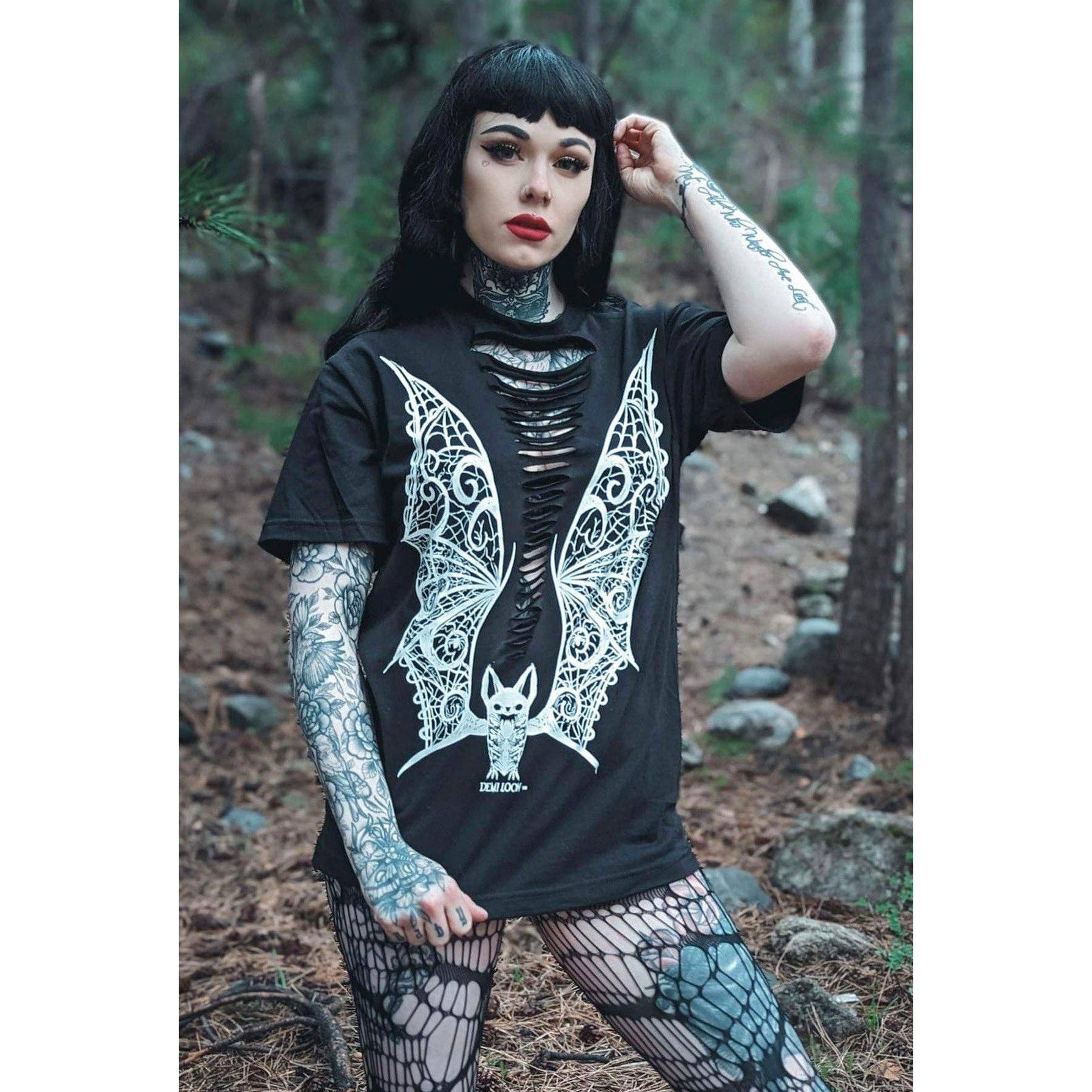 Slashed Vampire Lace Wings Boyfriend Fit Tee in Black [Size M - 3X]