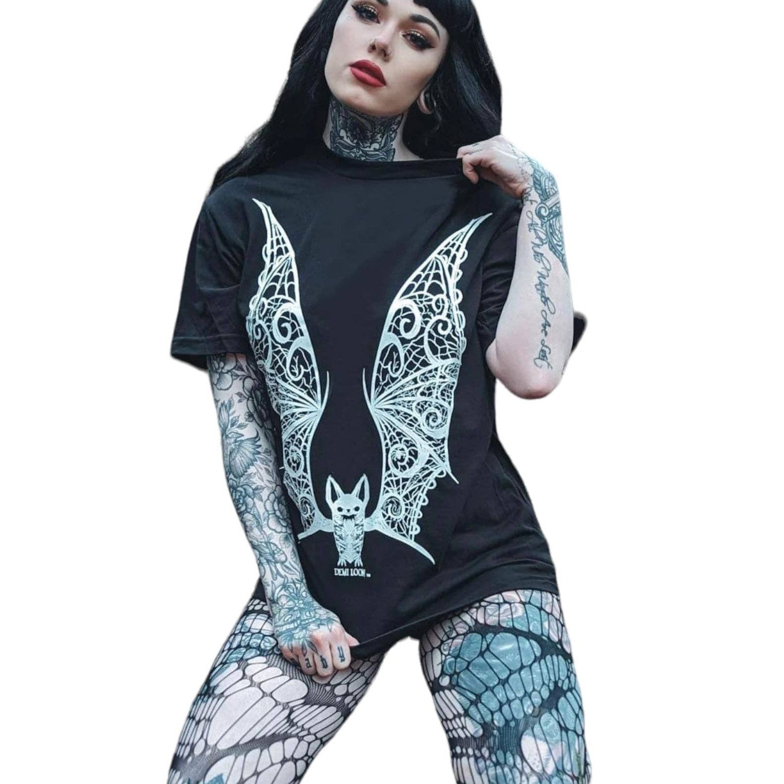 Slashed Vampire Lace Wings Boyfriend Fit Tee in Black [Size M - 3X]